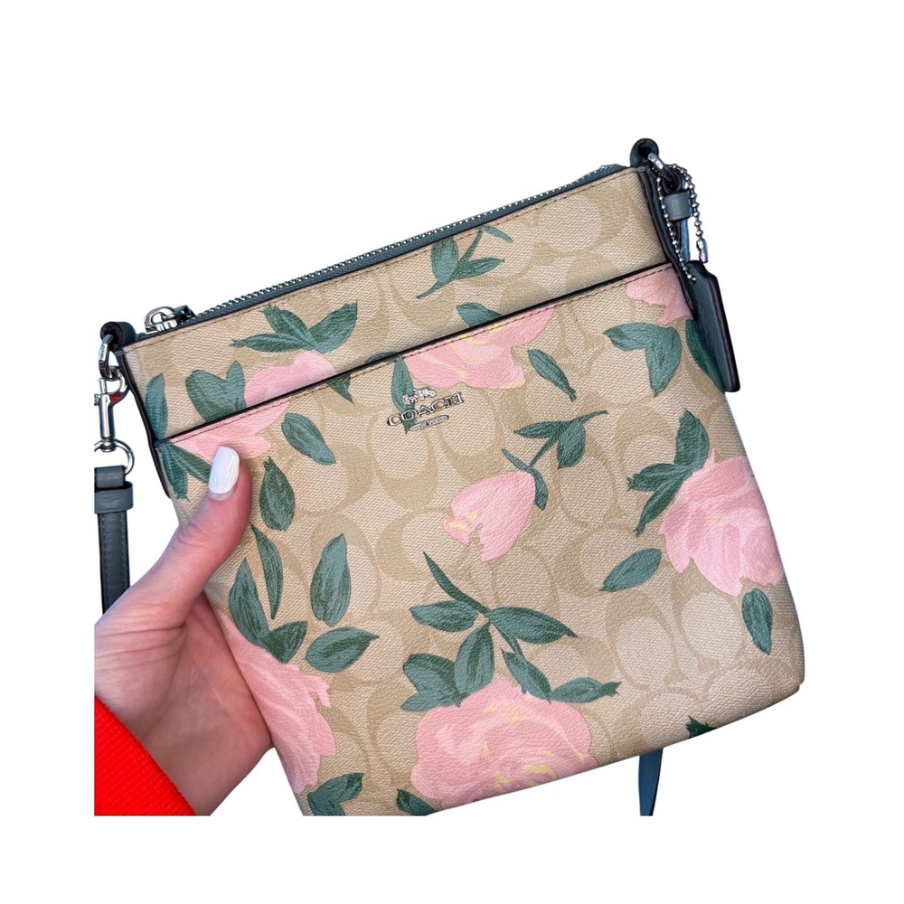 COACH North South Crossbody Signature Canvas Pink Rose Floral Bag